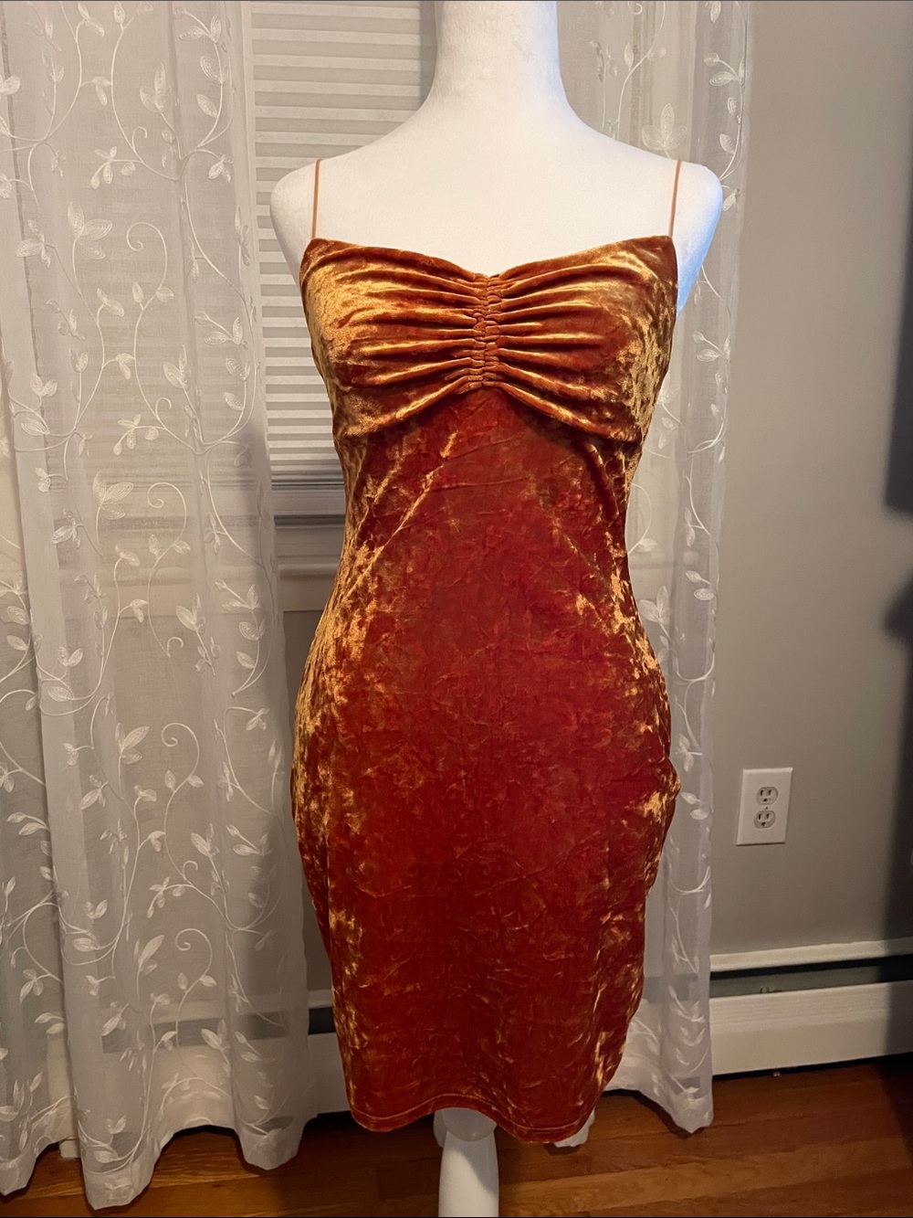 Urban Outfitters Golden Burnt-Orange Velvet Ruched Slip Midi Dress